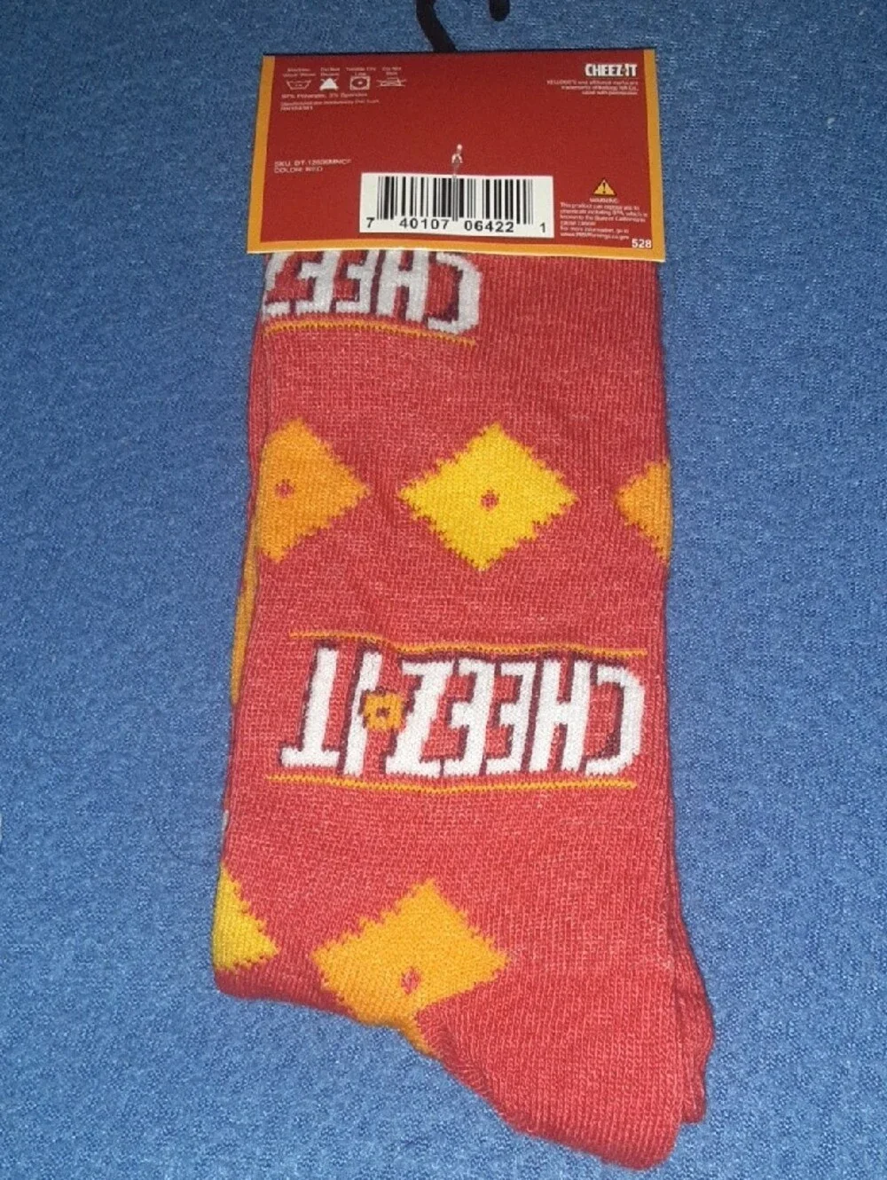Cheez-It Red Crew Socks with Yellow Diamond Pattern